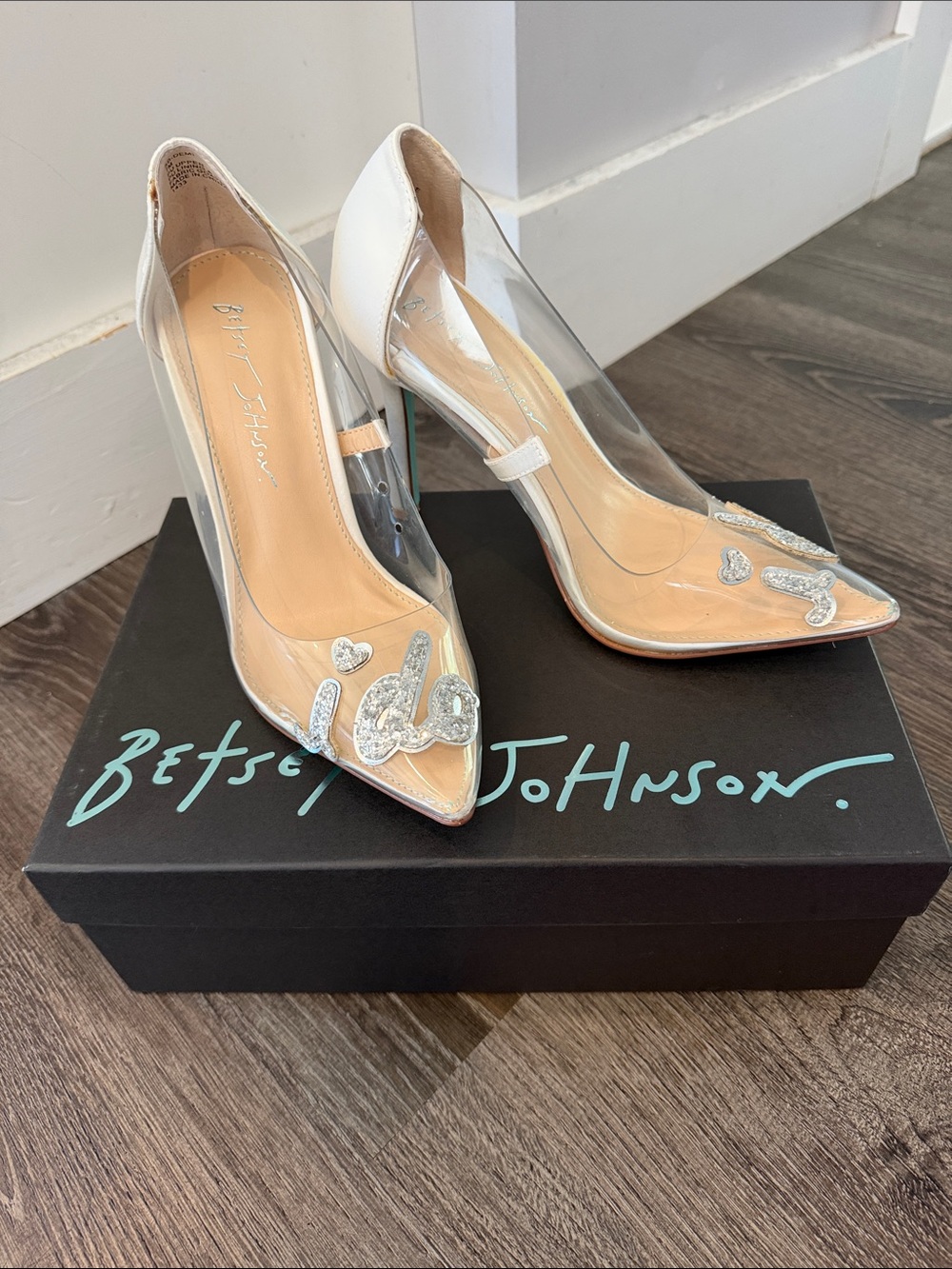 Betsey Johnson White Clear Pointed-Toe Pumps with Silver 'I do' Accents
